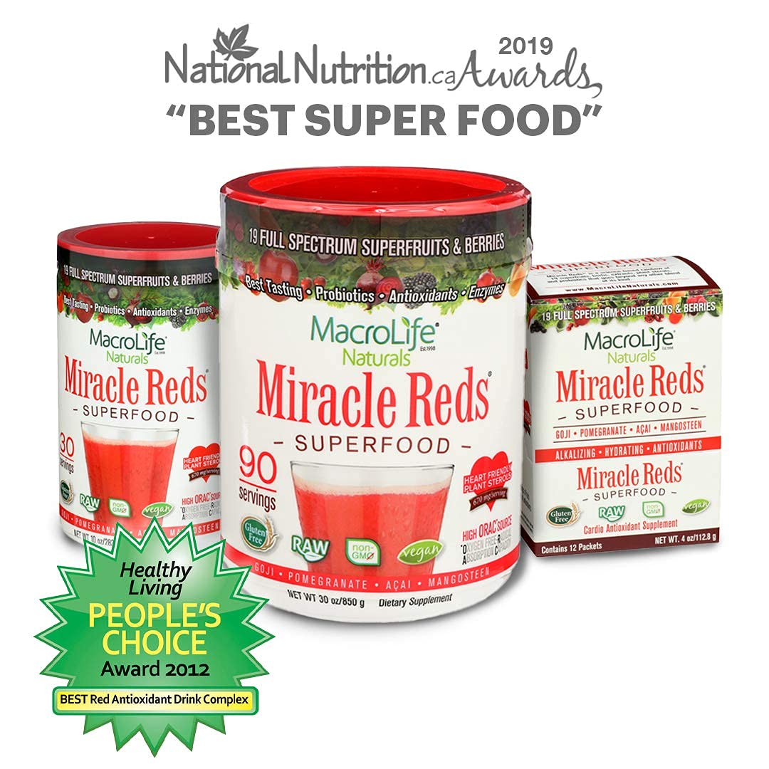 MacroLife Naturals Miracle Reds berry blend signals antioxidant-rich formula.