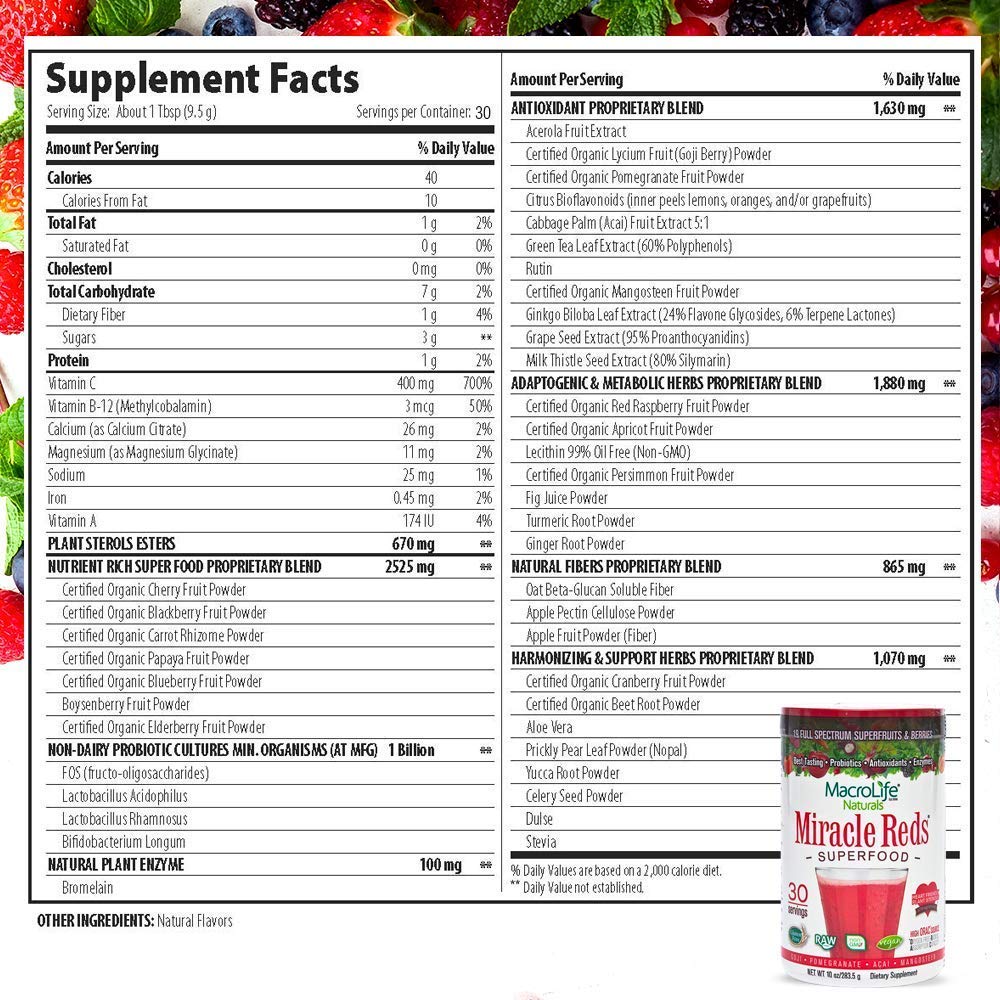 MacroLife Naturals Miracle Reds cold-processed formula suggests maximum nutrient absorption.