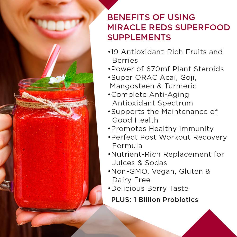 MacroLife Naturals Miracle Reds ingredients panel highlights 19 superfruits.