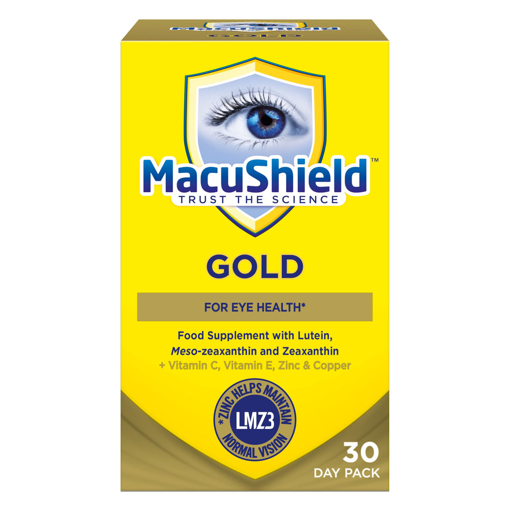 MacuShield Gold bottle front for daily eye health support.