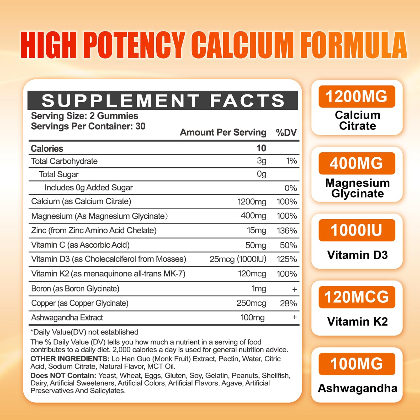 Maennyliy Calcium 1200mg gummies jar highlights tasty, sugar-free orange flavor.