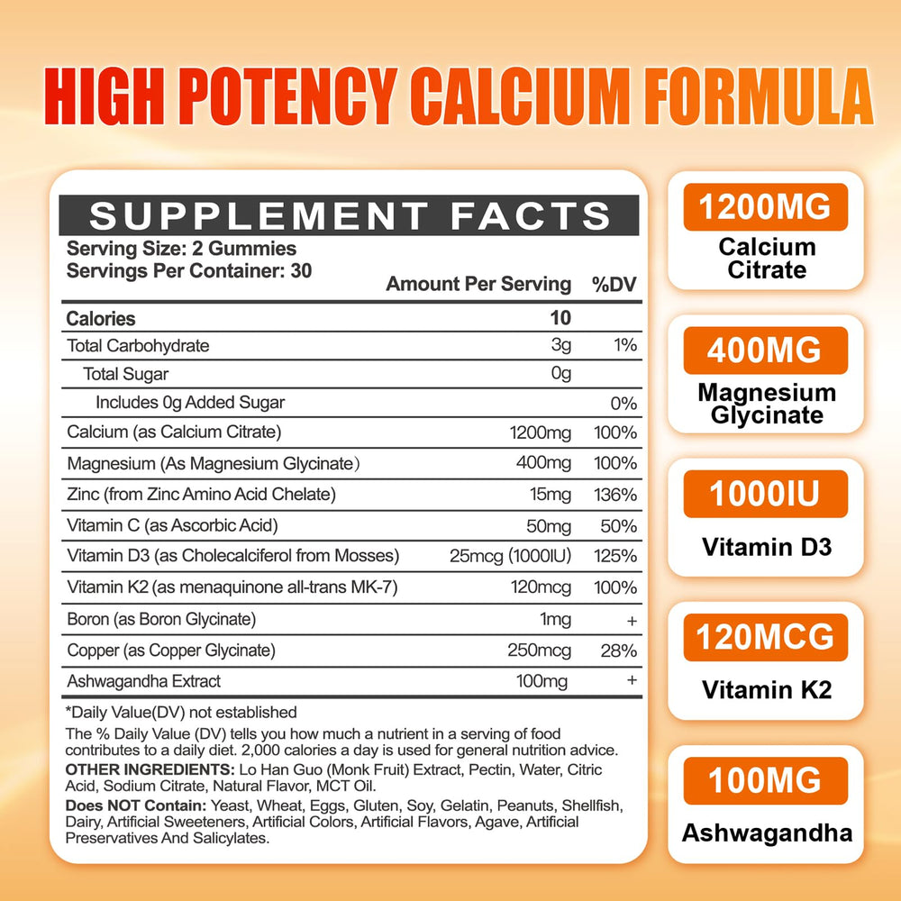 Maennyliy Calcium 1200mg gummies jar highlights tasty, sugar-free orange flavor.