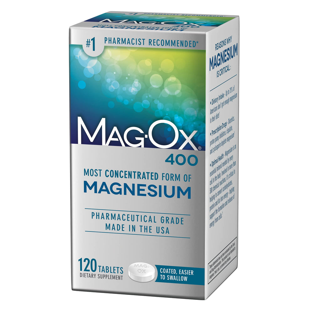 Mag-Ox 400 magnesium oxide tablets in a 120-count bottle for daily energy support.