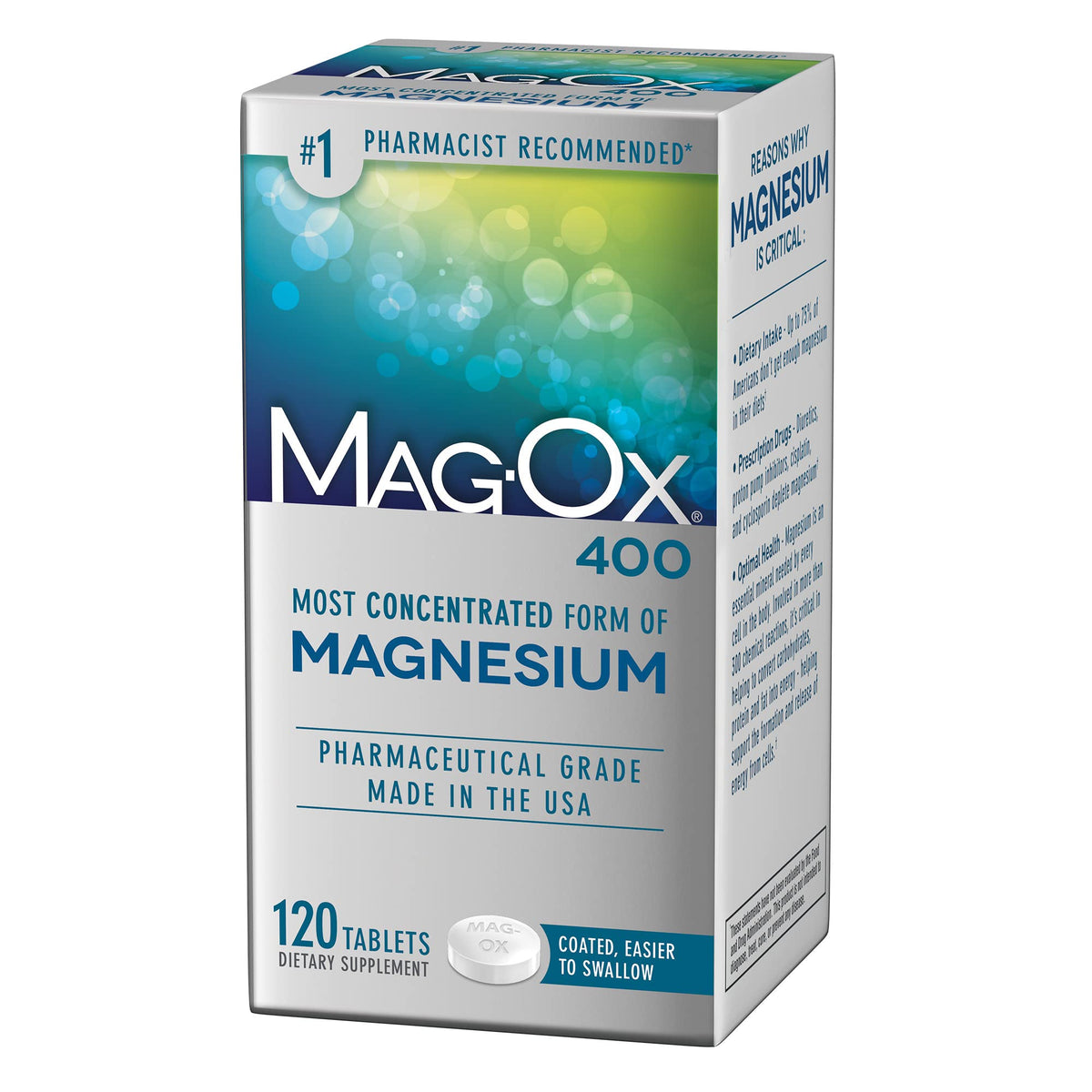 Mag-Ox 400 magnesium oxide tablets in a 120-count bottle for daily energy support.