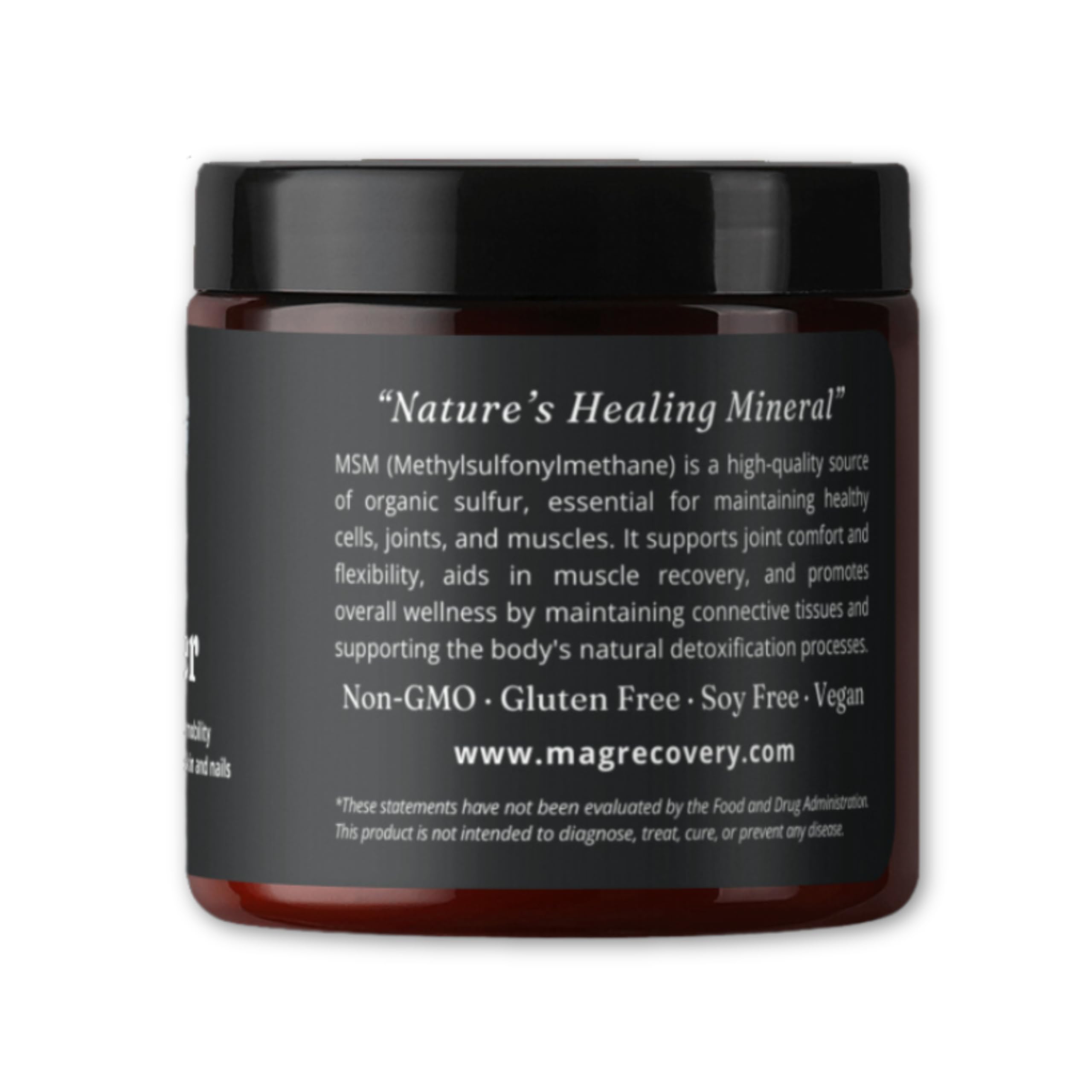MAG Recovery MSM Powder packaging shows gluten-free and GMO-free status
