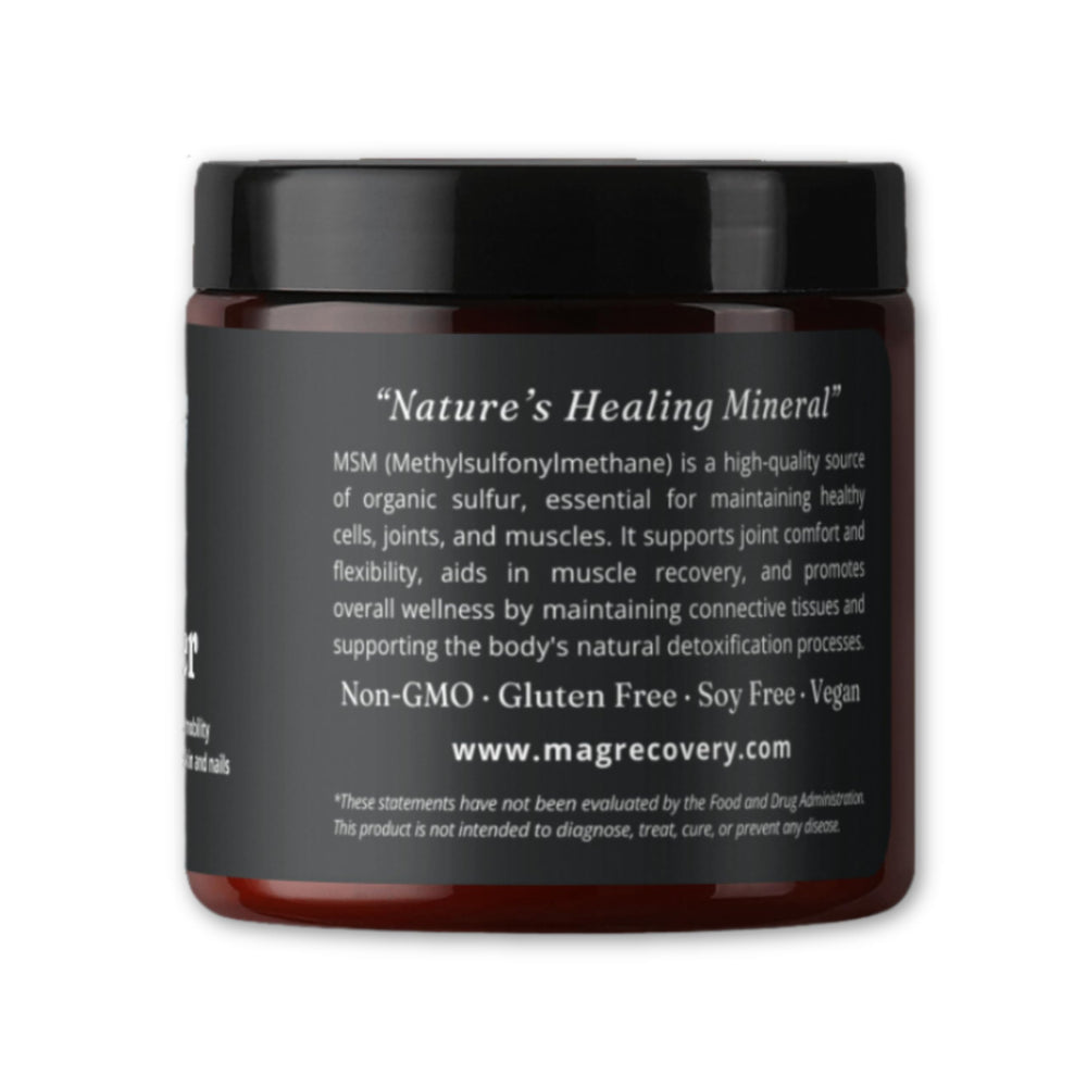 MAG Recovery MSM Powder packaging shows gluten-free and GMO-free status