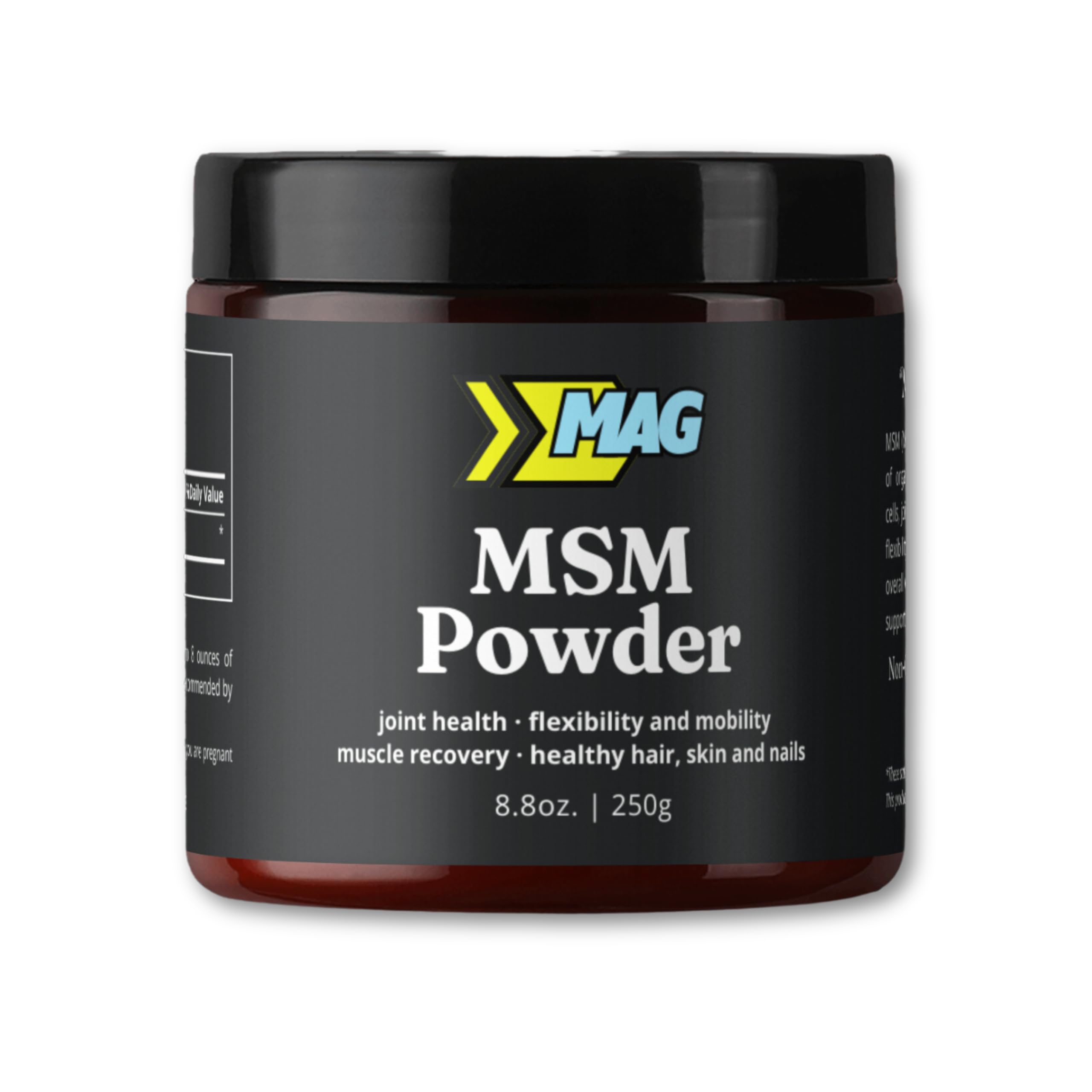 MAG Recovery MSM Powder packaging highlights 100% organic sulfur crystals for clean daily use