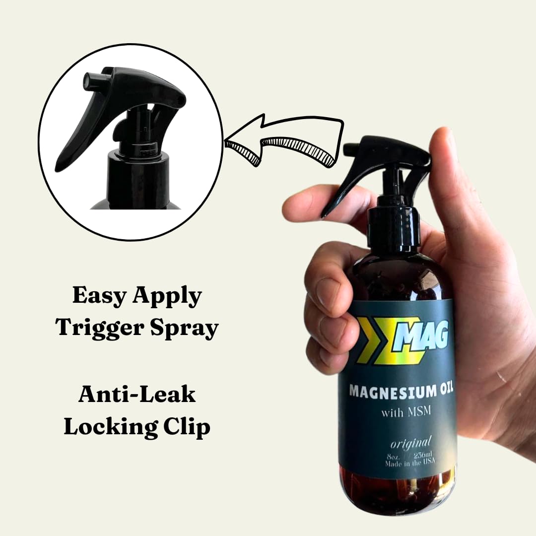 MAG Recovery Pure Magnesium Oil Spray with MSM beside gym bag