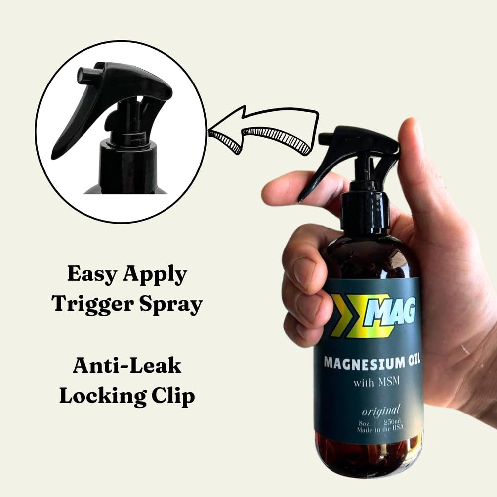 MAG Recovery Pure Magnesium Oil Spray with MSM beside gym bag