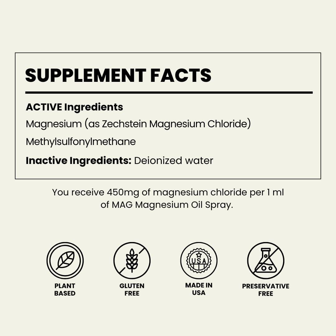 MAG Recovery Pure Magnesium Oil Spray with MSM all-natural label close-up