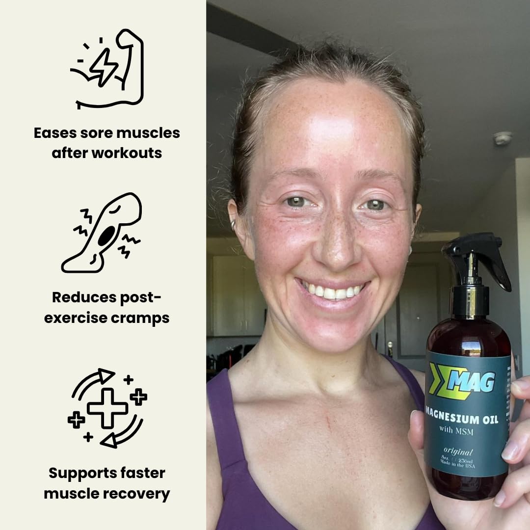 MAG Recovery Pure Magnesium Oil Spray with MSM applying to calf after workout