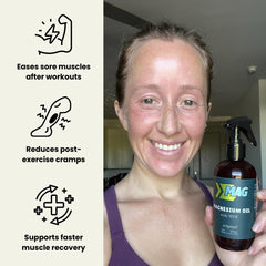 MAG Recovery Pure Magnesium Oil Spray with MSM applying to calf after workout