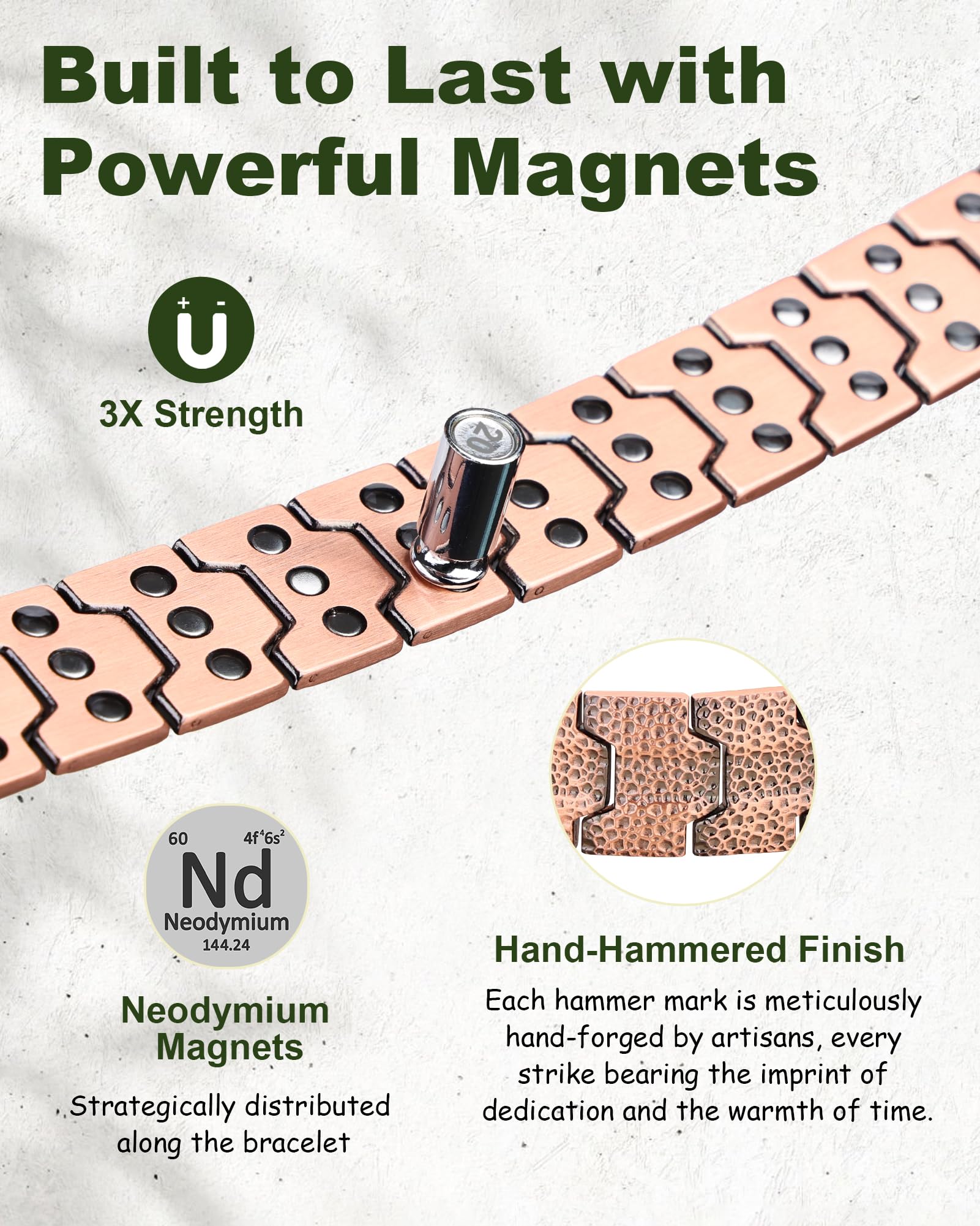 MagEnergy copper bracelet with 3800 Gauss magnets highlighted for wrist wear