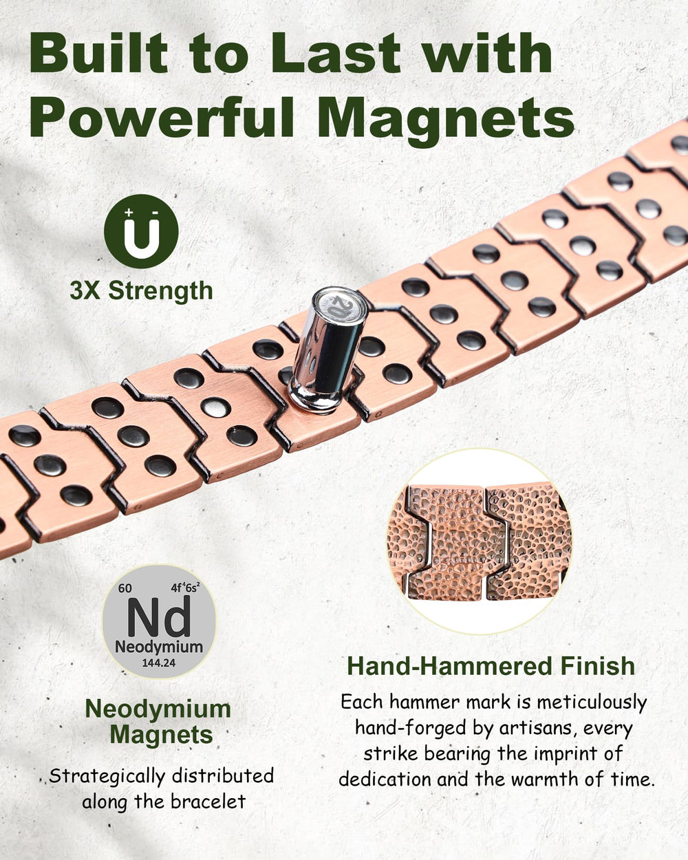 MagEnergy copper bracelet with 3800 Gauss magnets highlighted for wrist wear