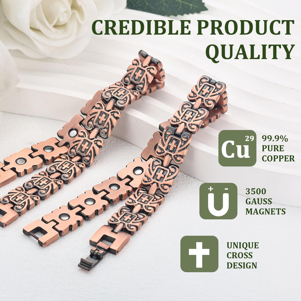 MagEnergy adjustable copper bracelet with cross design for a personalized, comfortable fit.