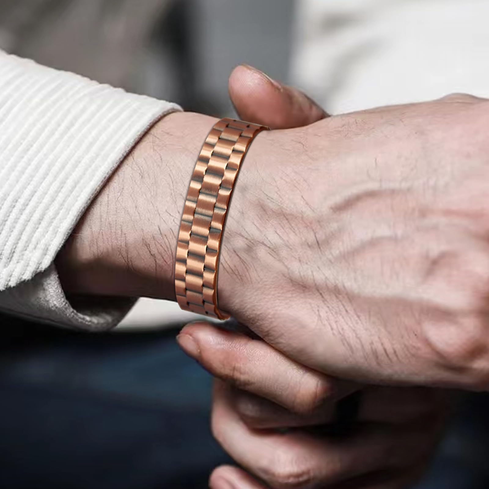 MagEnergy copper bracelet adjustable fit demonstrated on the wrist.