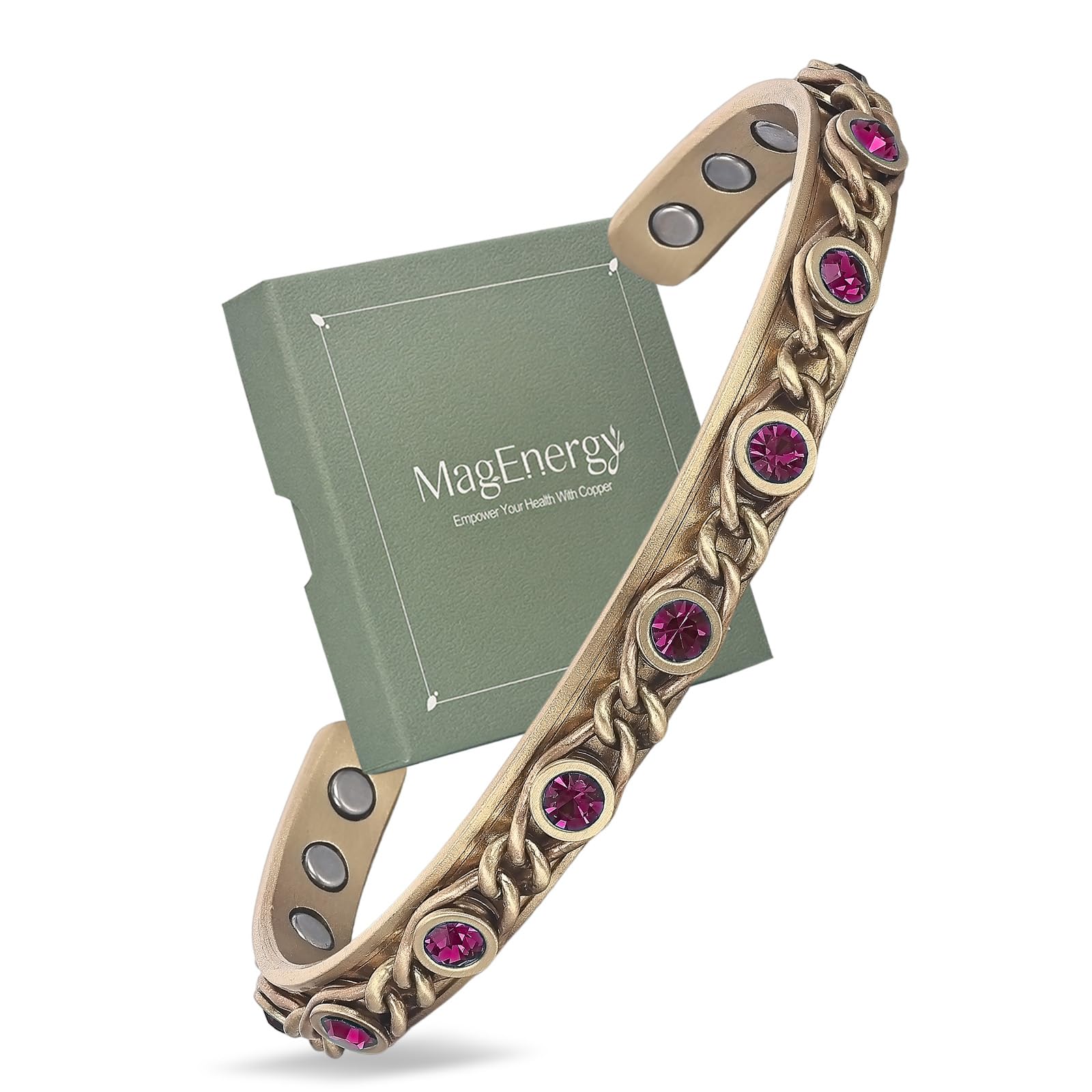 MagEnergy copper bracelet close-up highlights braided wire and emerald cz stones for a vintage-inspired look.