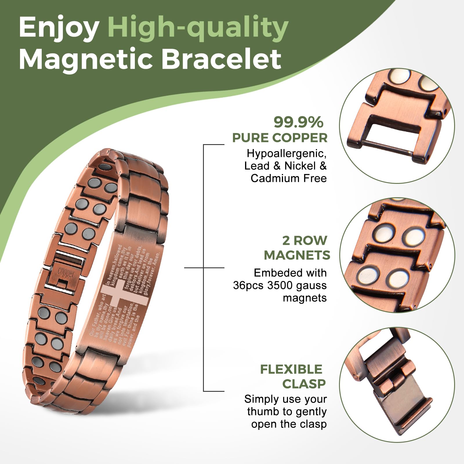 MagEnergy copper bracelet cross magnet close-up highlights strong magnets near the wrist.