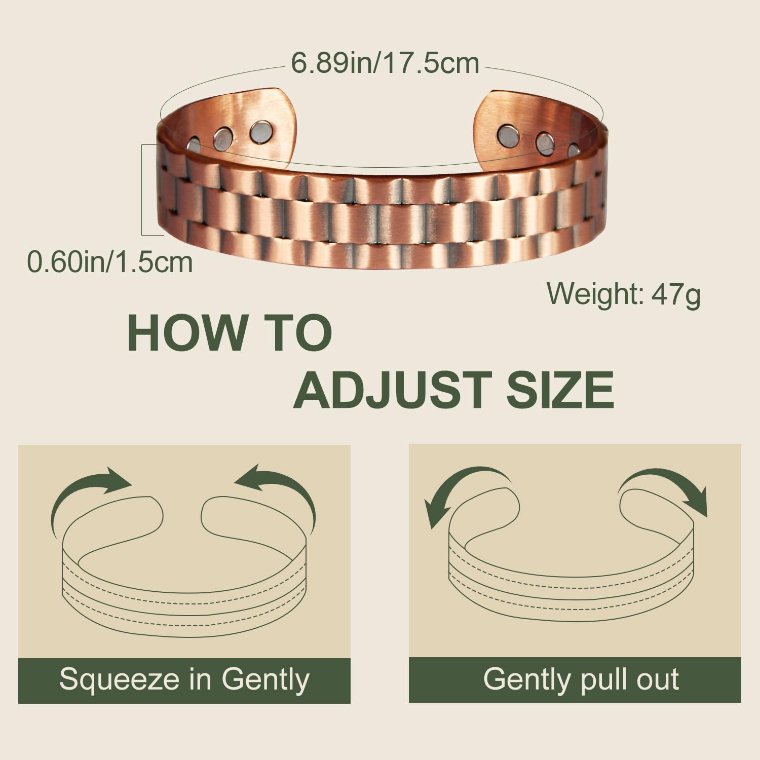MagEnergy copper bracelet hypoallergenic close-up emphasizes nickel-free, skin-friendly design.