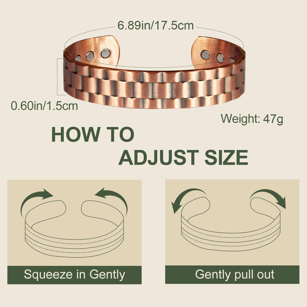MagEnergy copper bracelet hypoallergenic close-up emphasizes nickel-free, skin-friendly design.
