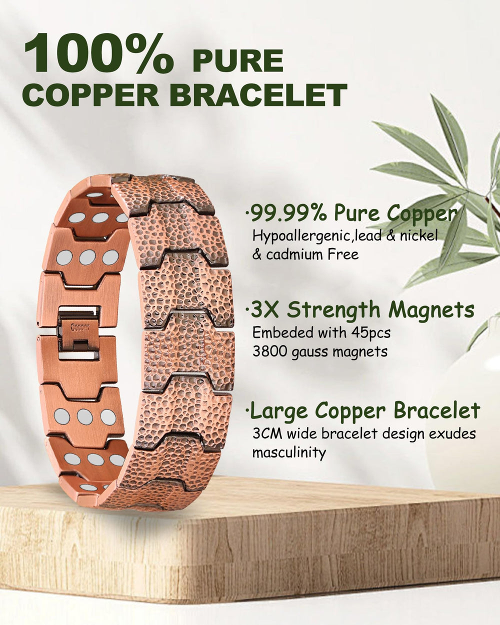 Three rows of 3800 Gauss magnets on a MagEnergy copper bracelet for balance and comfort
