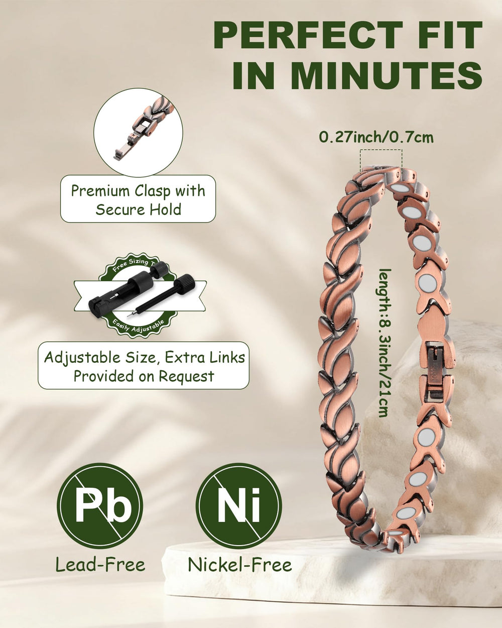 MagEnergy copper bracelet shows protective coating to resist wear