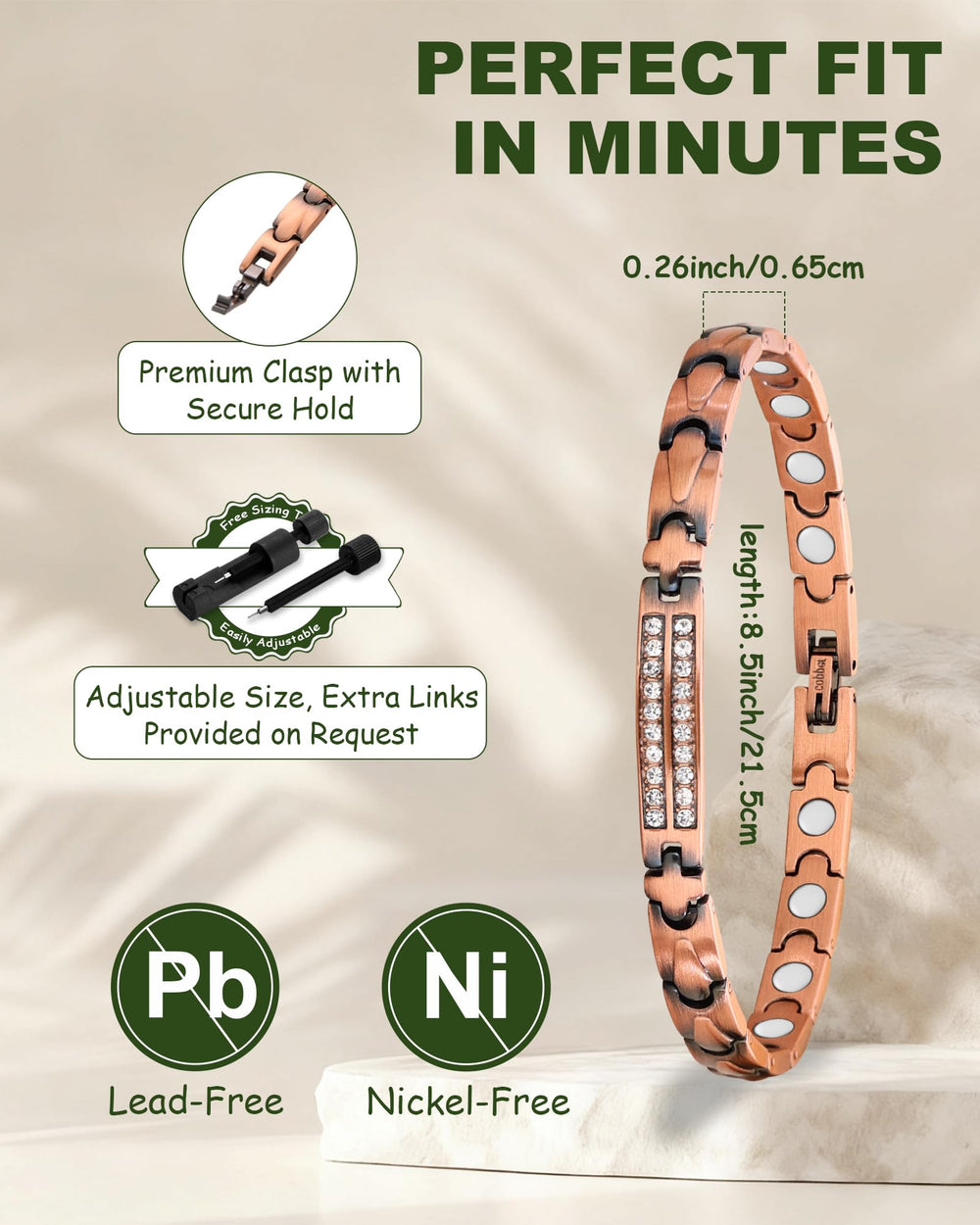 MagEnergy copper bracelet worn on wrist with elegant minimalist style.