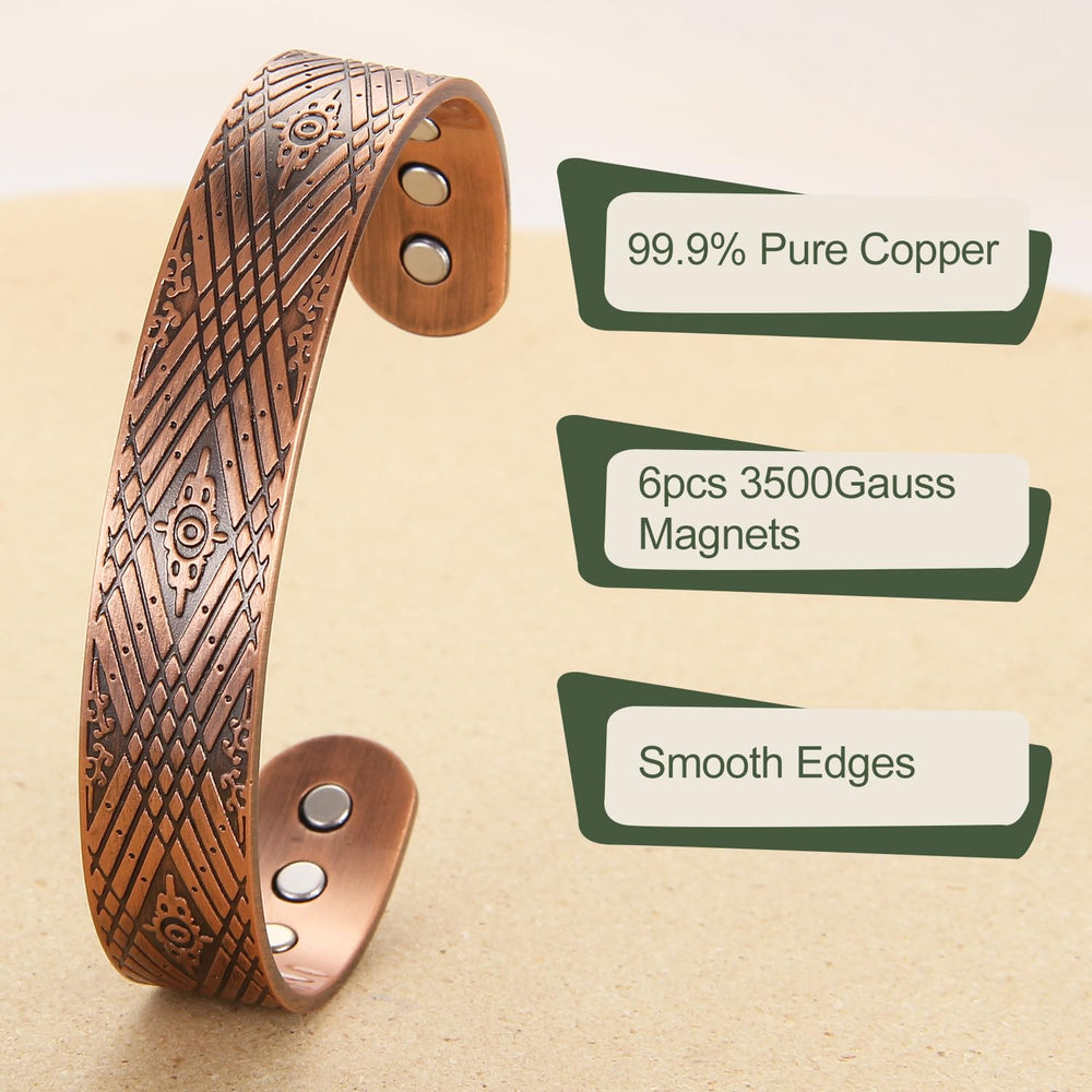 MagEnergy copper bracelet worn on wrist, adjustable to fit most wrists.
