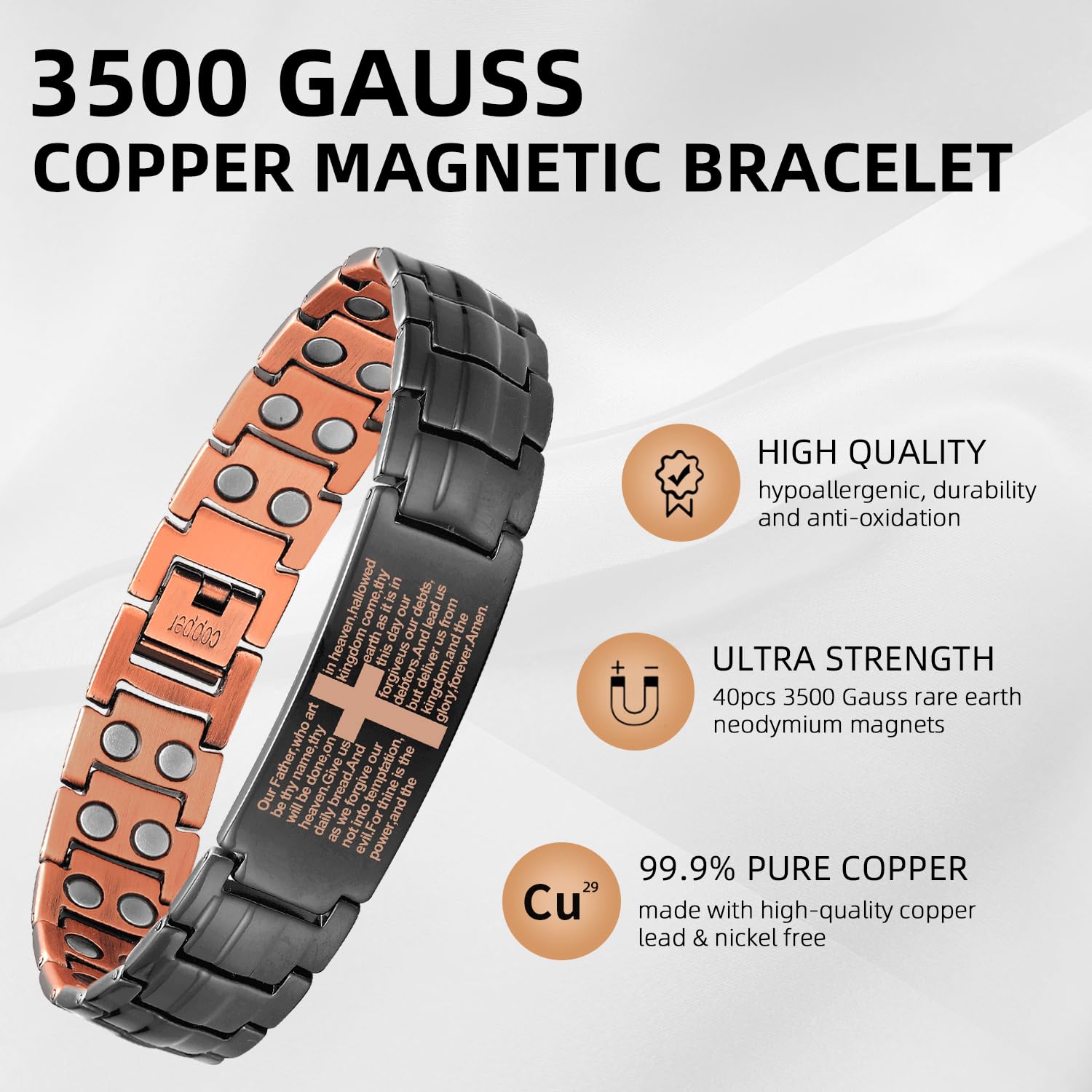 MagEnergy magnetic copper cross bracelet worn on the wrist for natural comfort