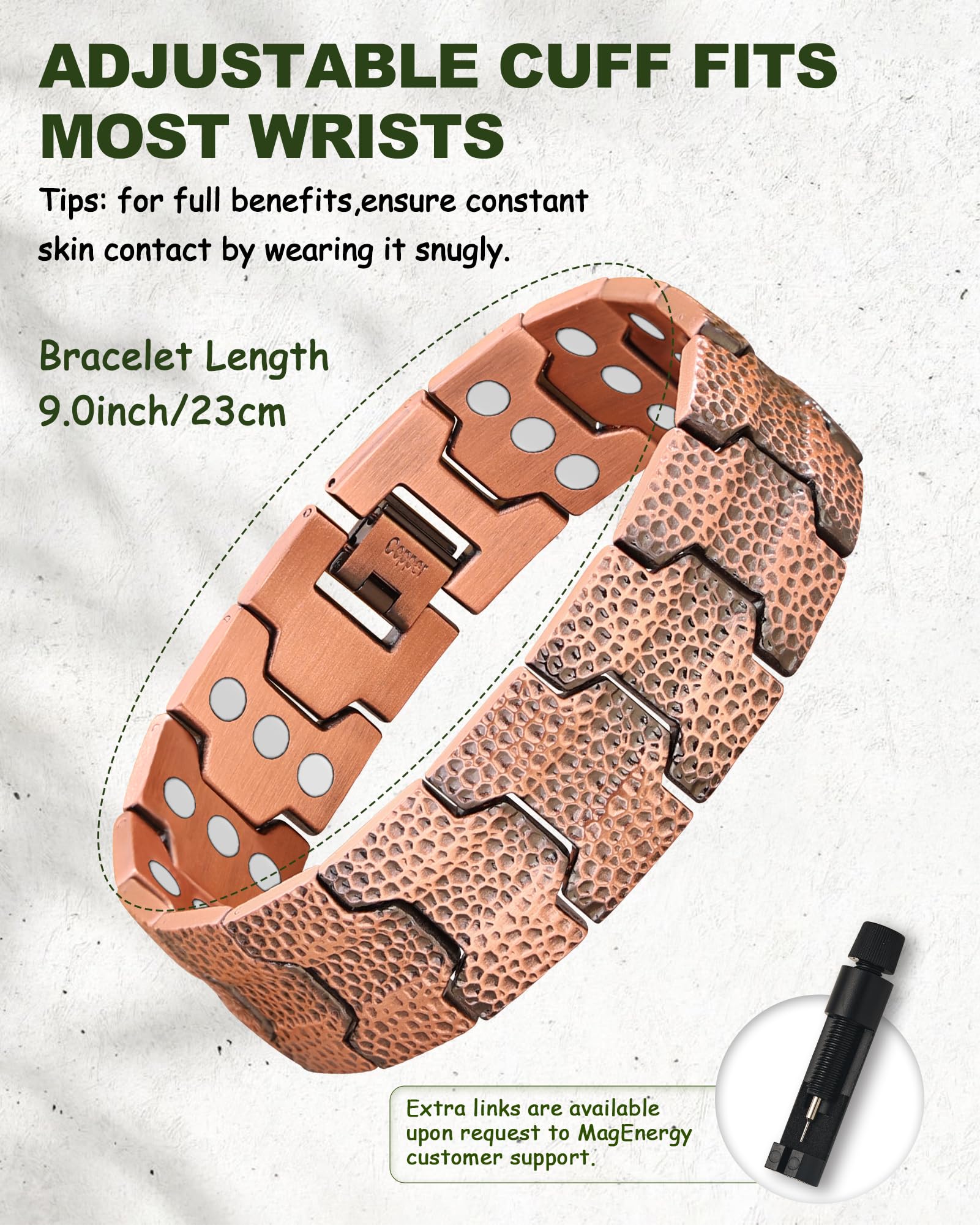 Hypoallergenic MagEnergy copper bracelet, nickel- and lead-free for sensitive skin