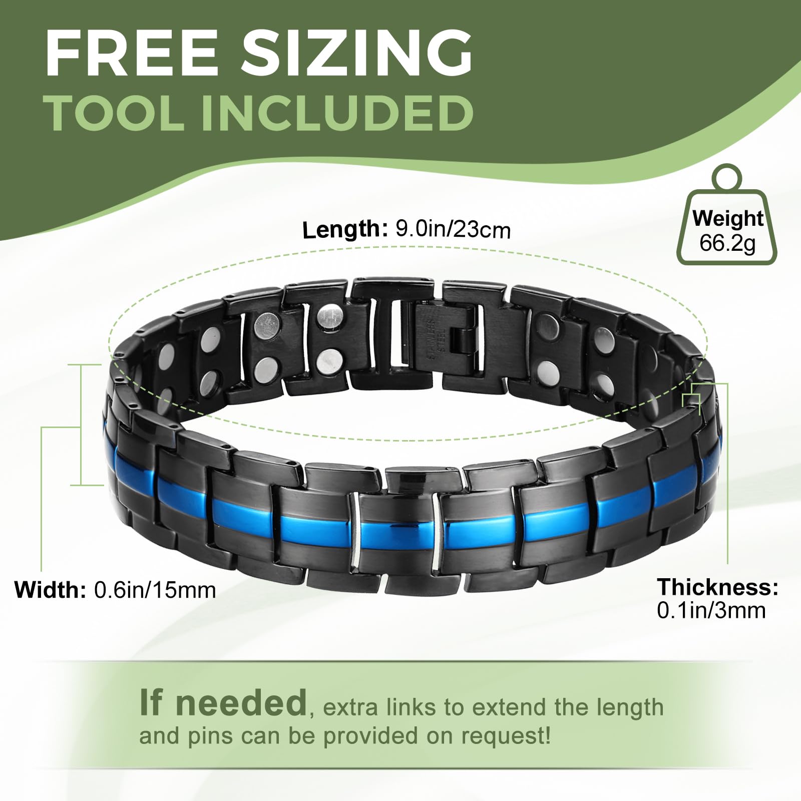 MagEnergy bracelet on wrist demonstrates comfortable, adjustable 9-inch fit