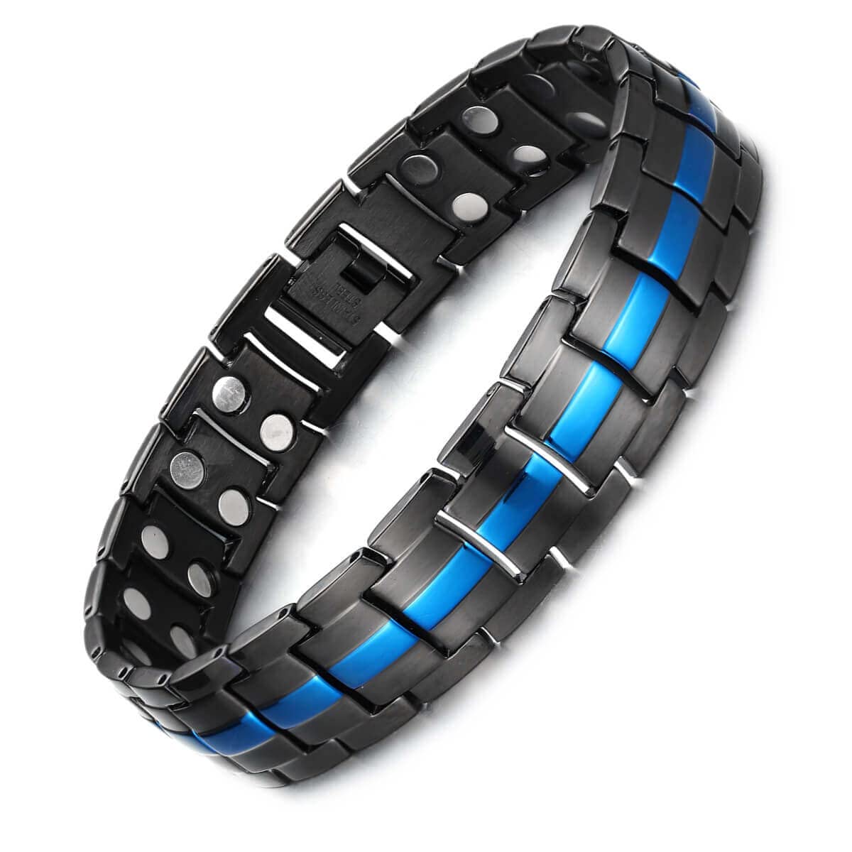 MagEnergy magnetic bracelet close-up shows titanium steel craftsmanship and durable finish