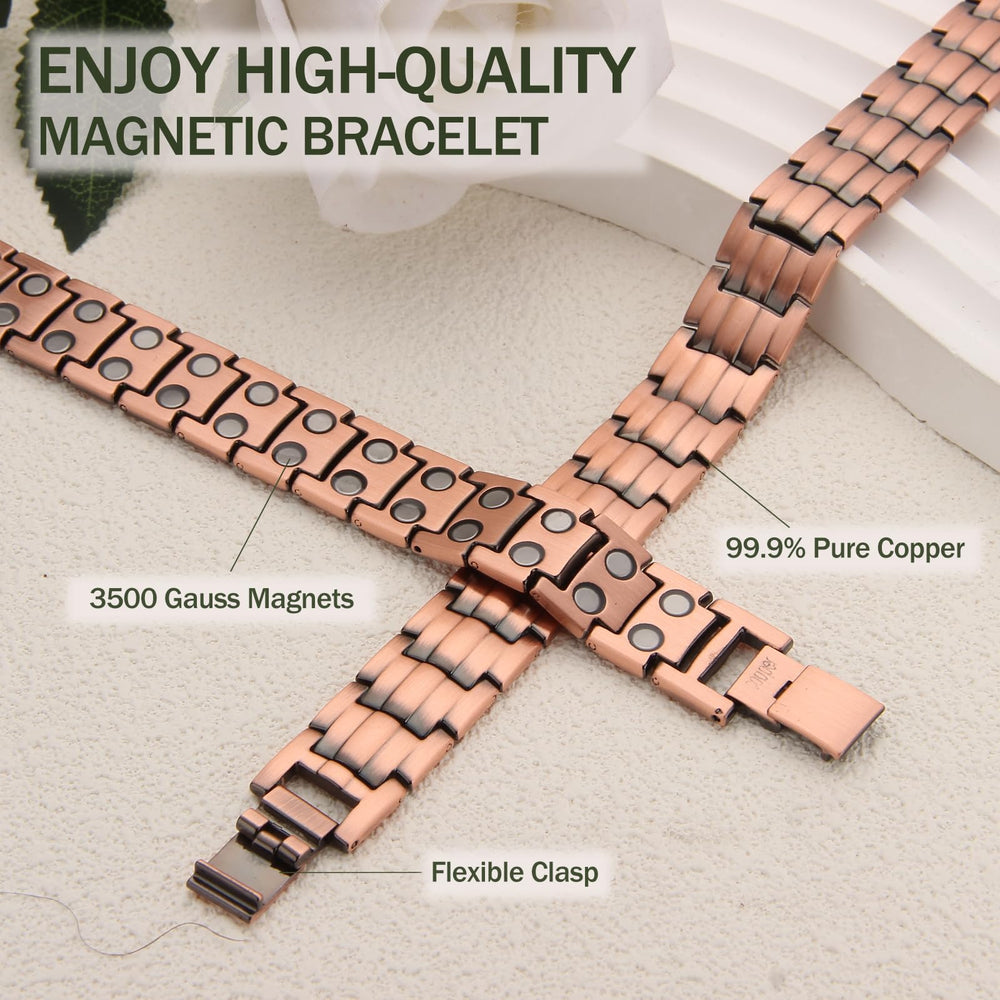 MagEnergy mens copper bracelet on wrist in use for everyday style.