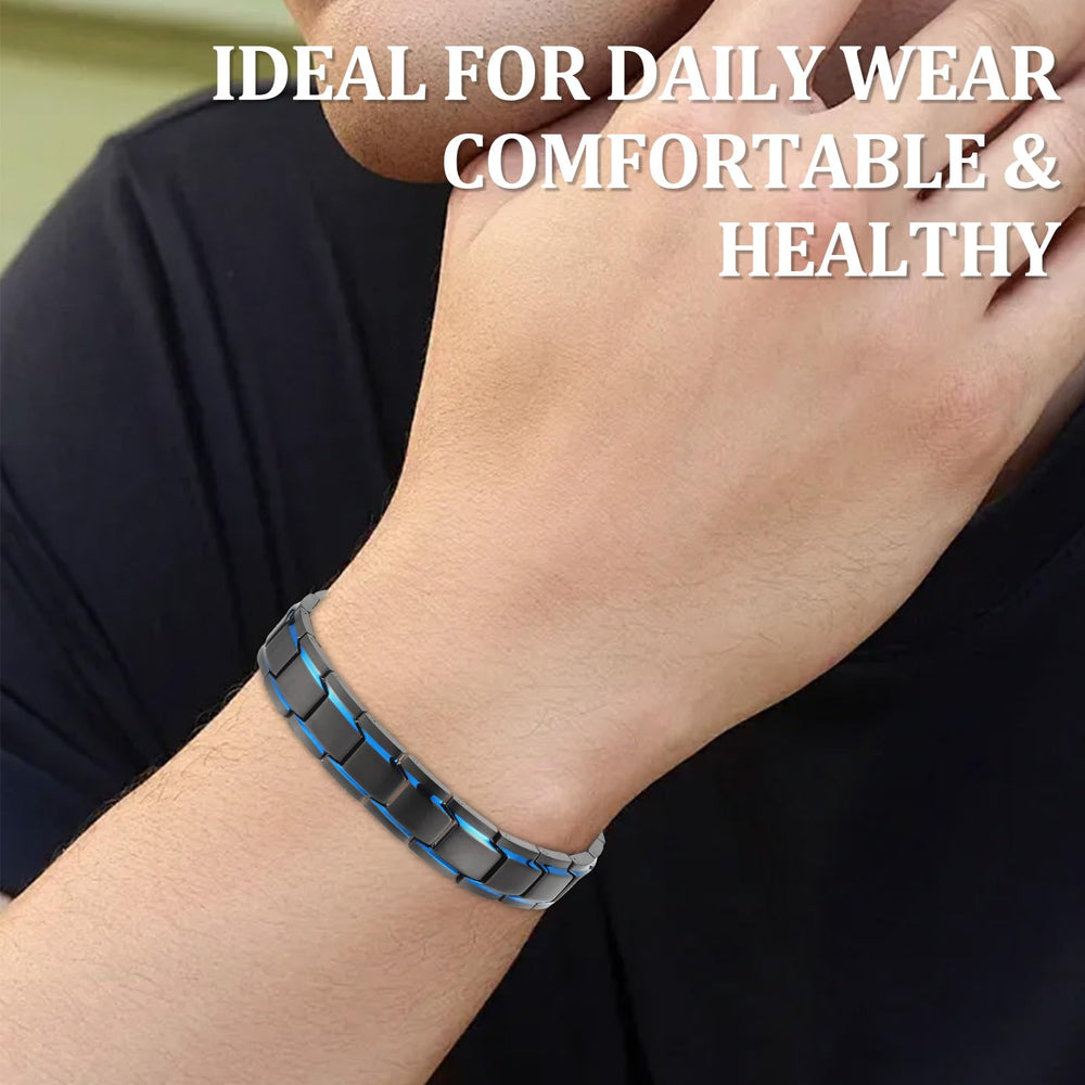 MagEnergy bracelet with sleek black finish and blue lines, versatile everyday accessory