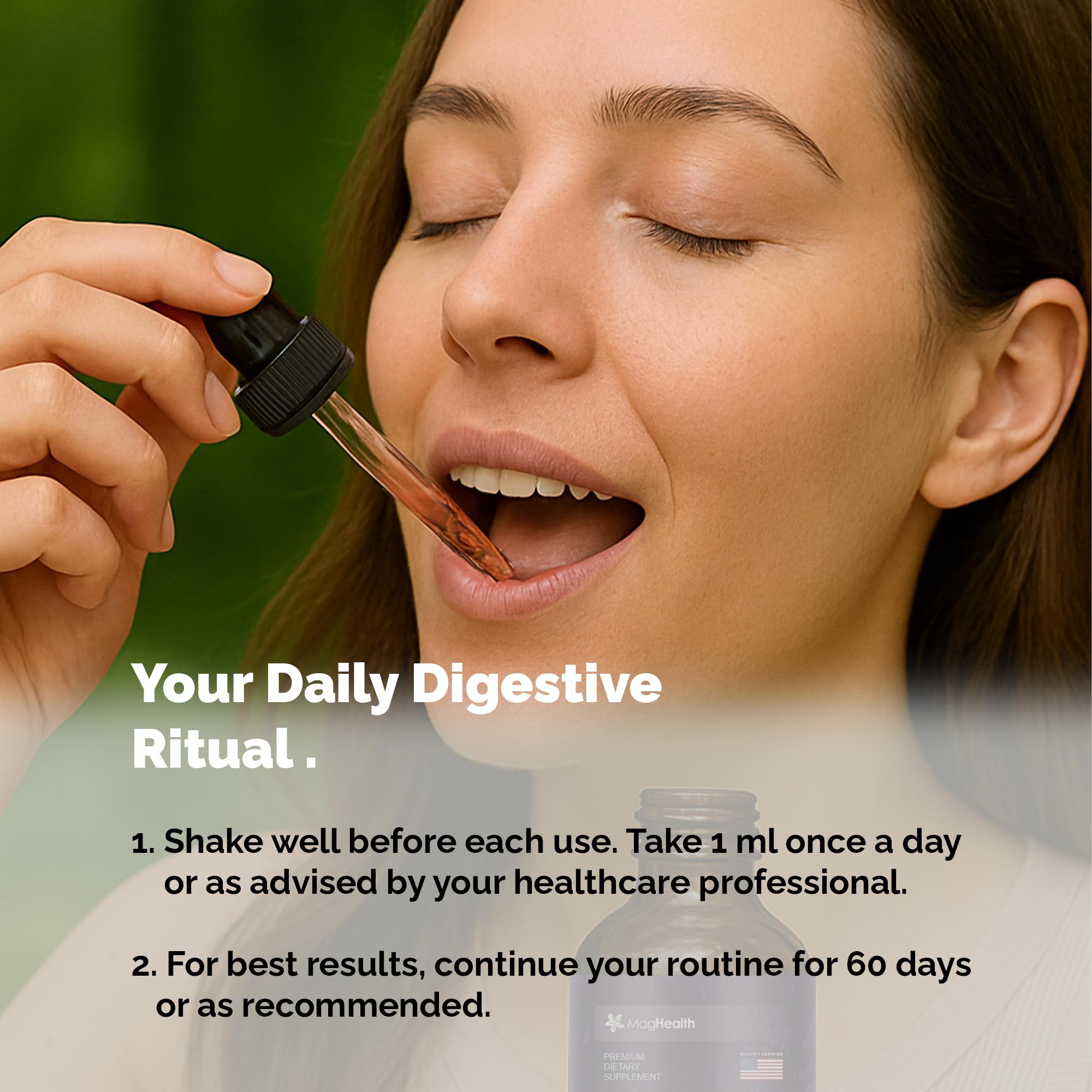 MagHealth bottle-and-dropper setup demonstrates easy, precise daily dosing