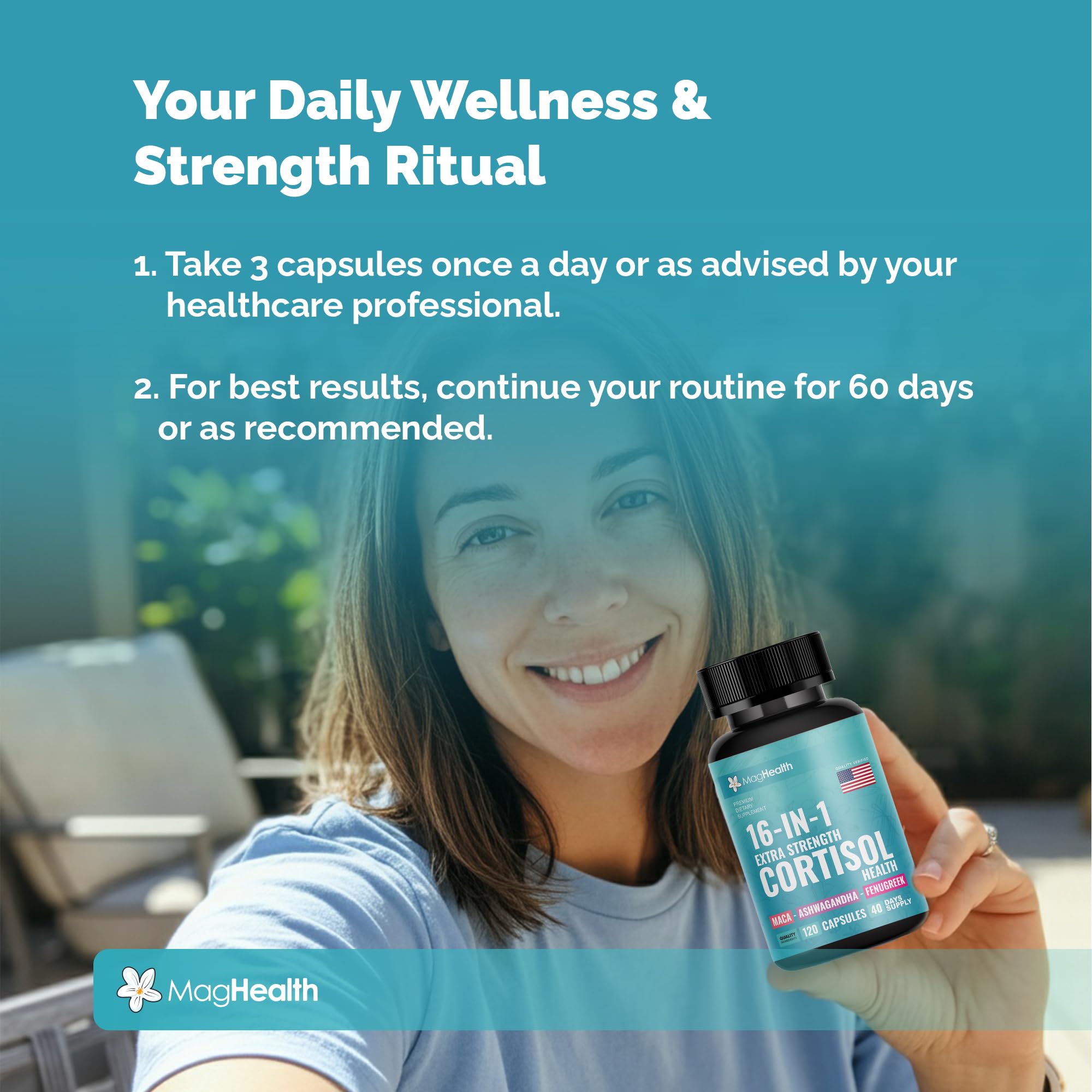 MagHealth Cortisol Complex daily dosage image emphasizes simple three-per-day schedule.