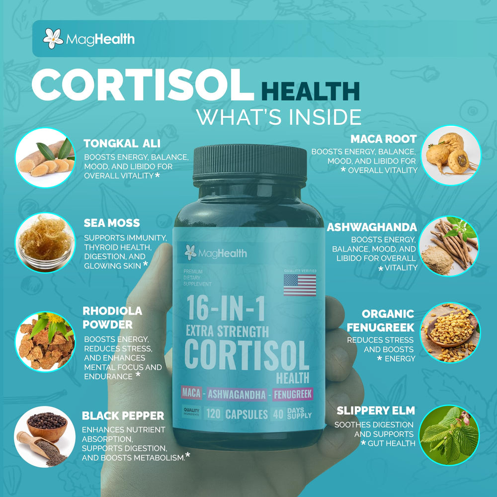 MagHealth Cortisol Complex label details highlight organic formula and 120 capsules.