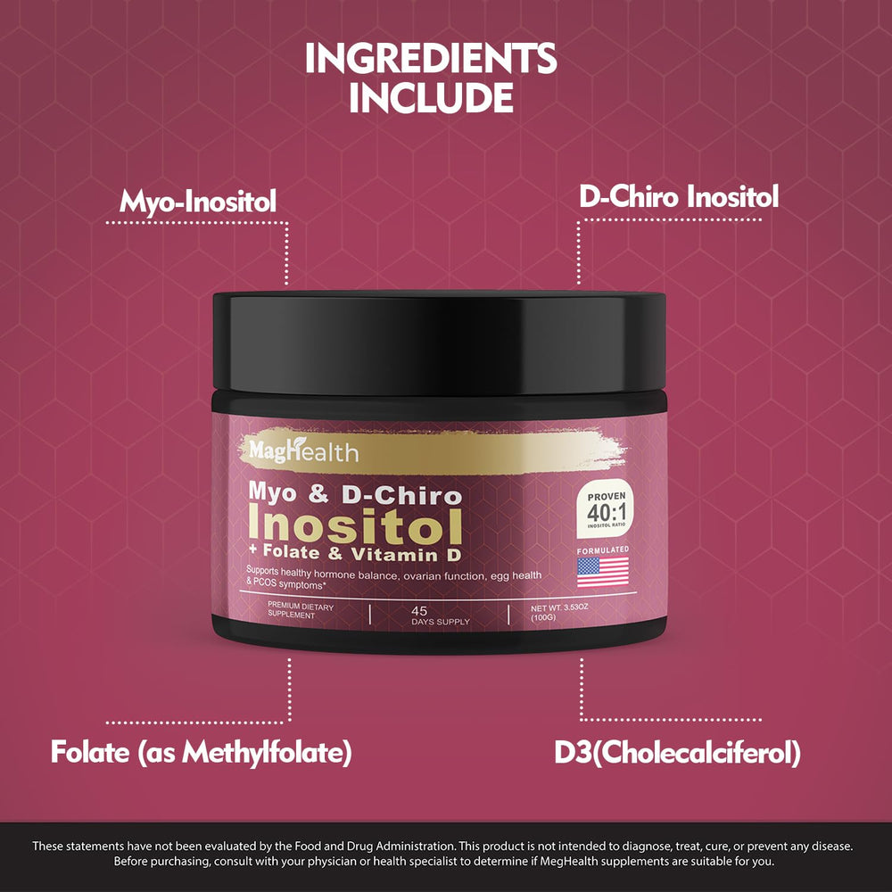 MagHealth Inositol powder label details highlighting Vitamin D3 and Folate.
