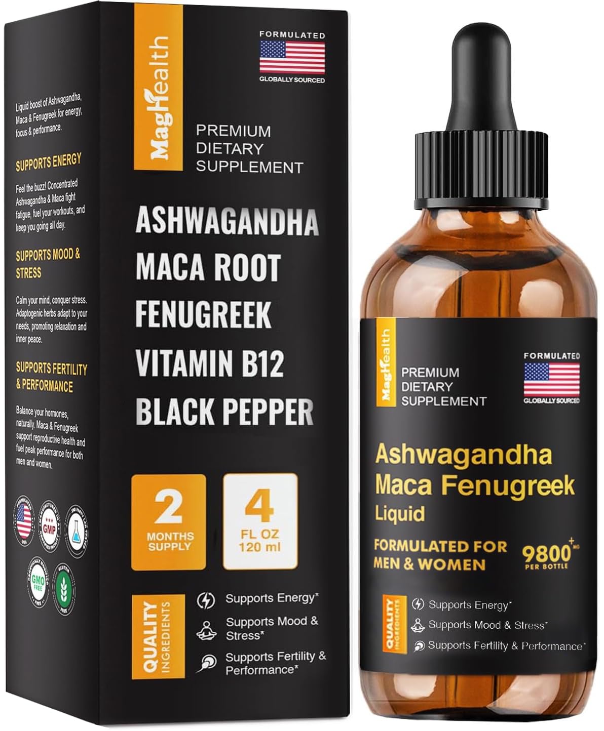 MagHealth Maca Root Liquid Drops bottle front view supports daily focus and energy.