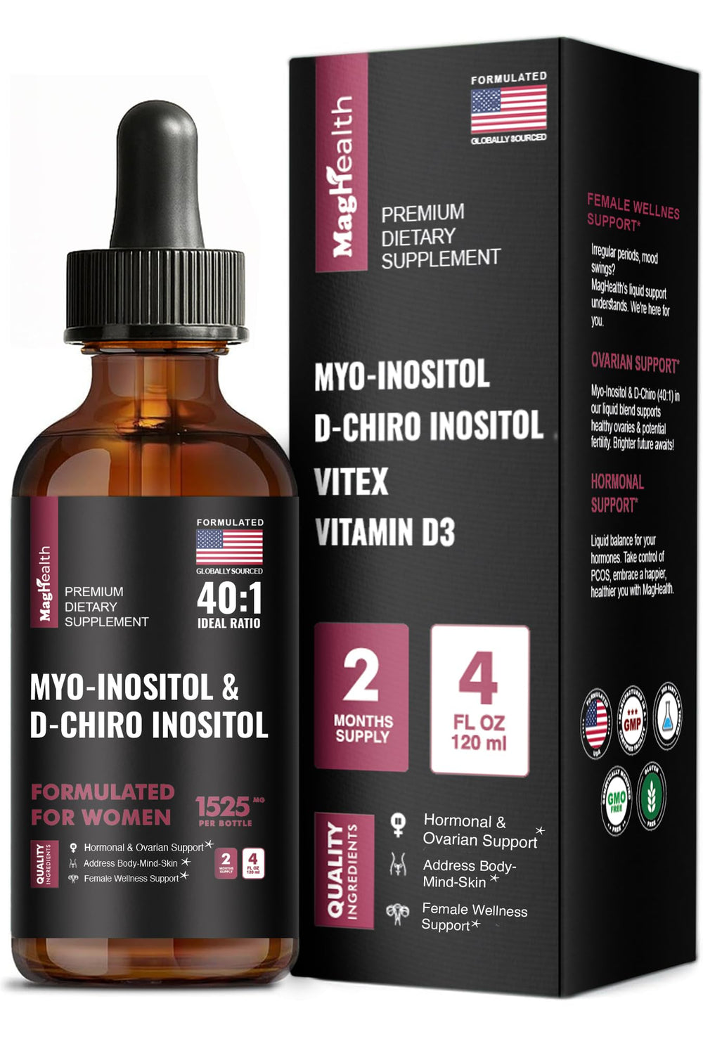 MagHealth Myo-Inositol & D-Chiro Inositol bottle highlighting the 40:1 ratio for daily balance.