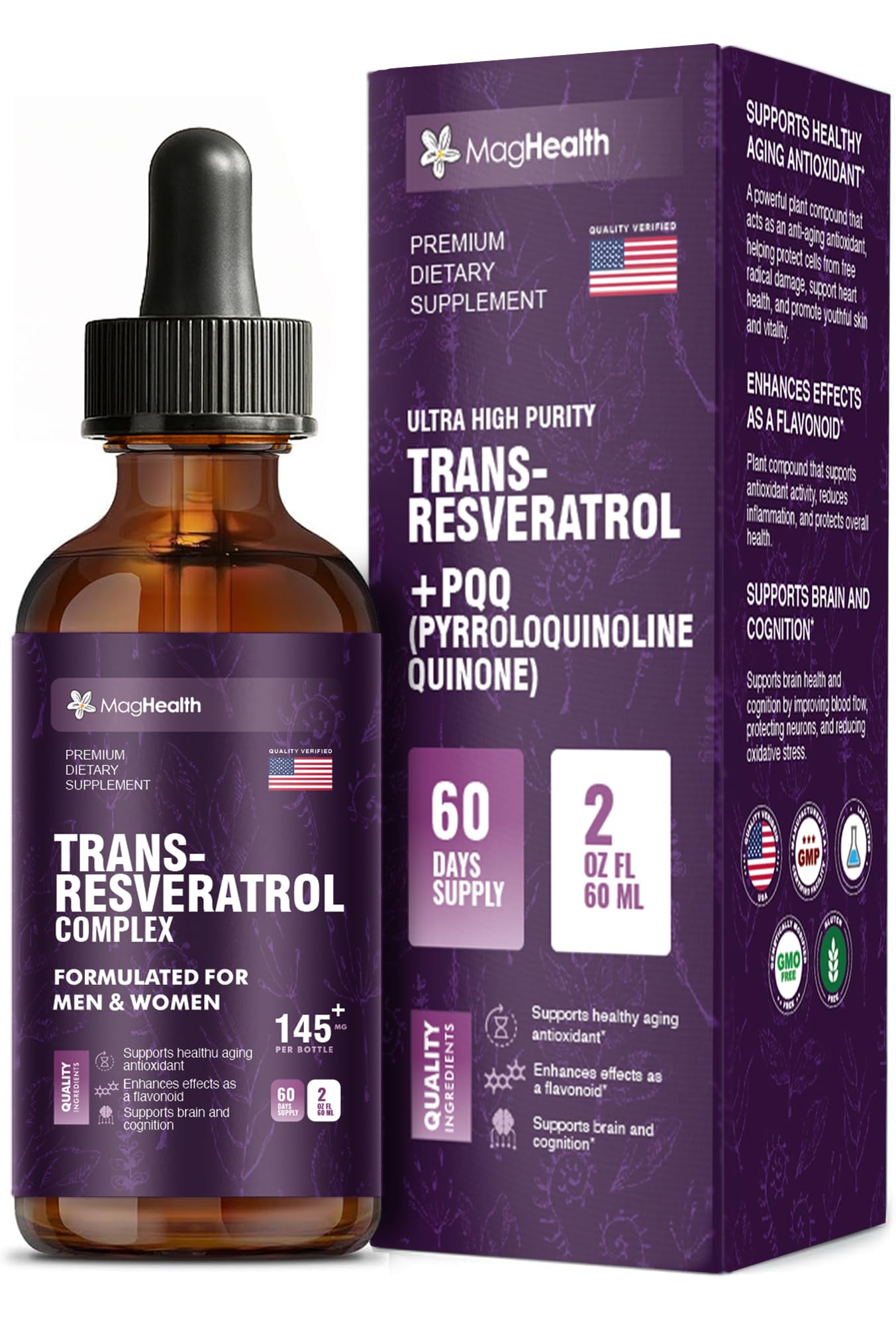 MagHealth Trans-Resveratrol liquid dropper highlights easy daily dosage for sustained cellular support