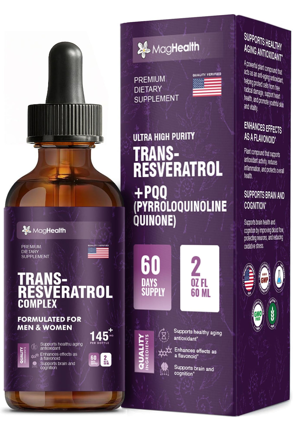 MagHealth Trans-Resveratrol liquid dropper highlights easy daily dosage for sustained cellular support