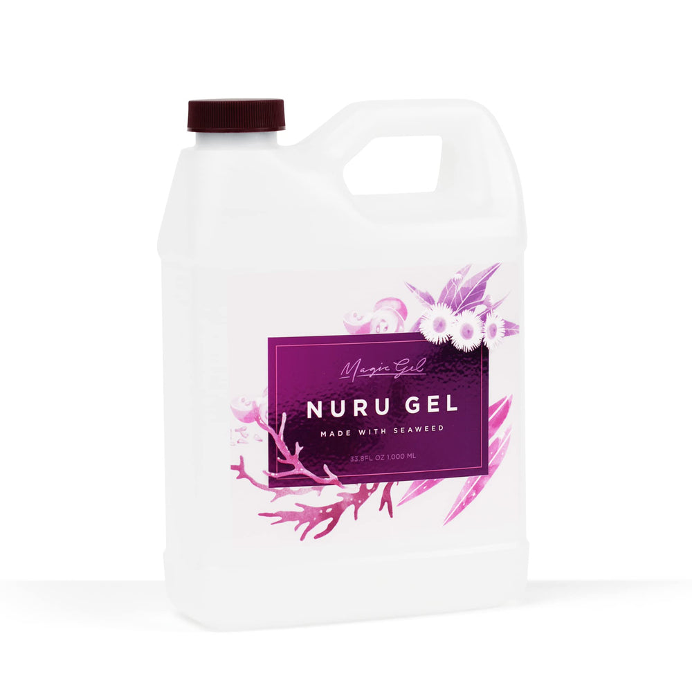 Magic Gel Nuru warm-massage scene illustrates spa-like bodywork at home with easy cleanup.