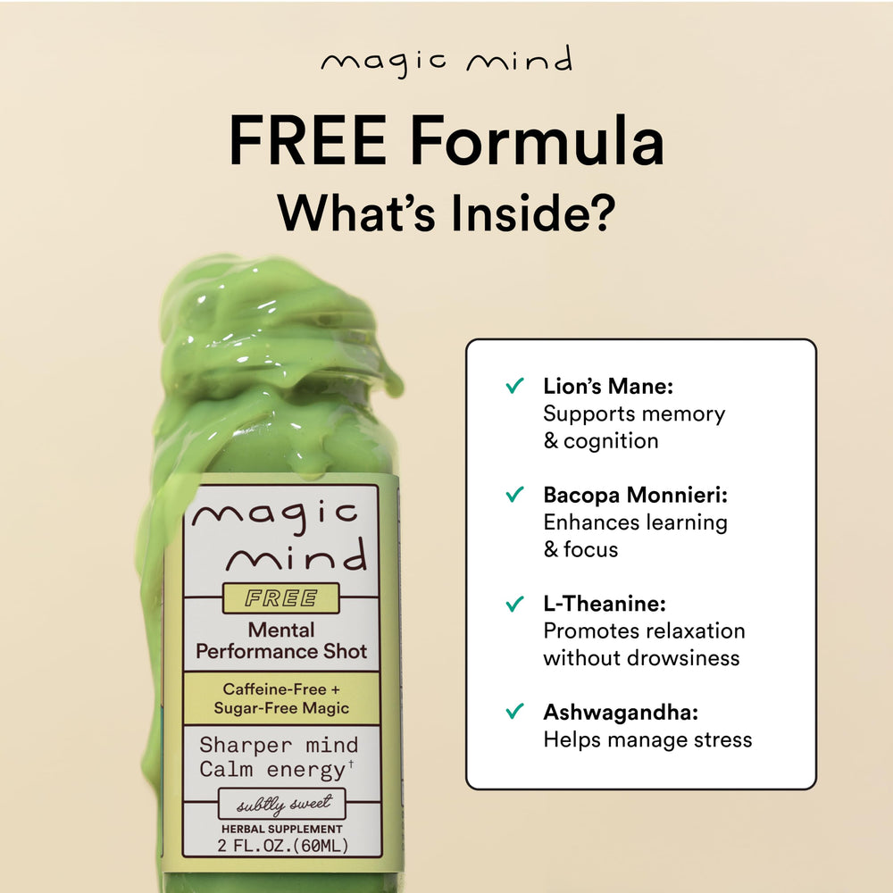 Magic Mind bottle being poured into a glass for smooth, jitters-free focus.