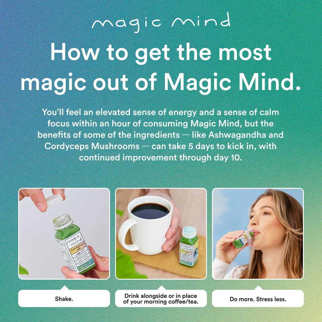 Magic Mind energy shot bottle shown with glass and timer implying steady energy