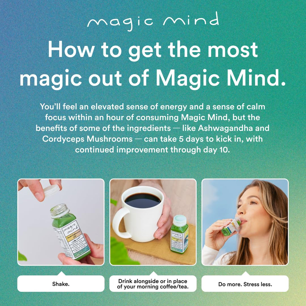 Magic Mind energy shot bottle shown with glass and timer implying steady energy