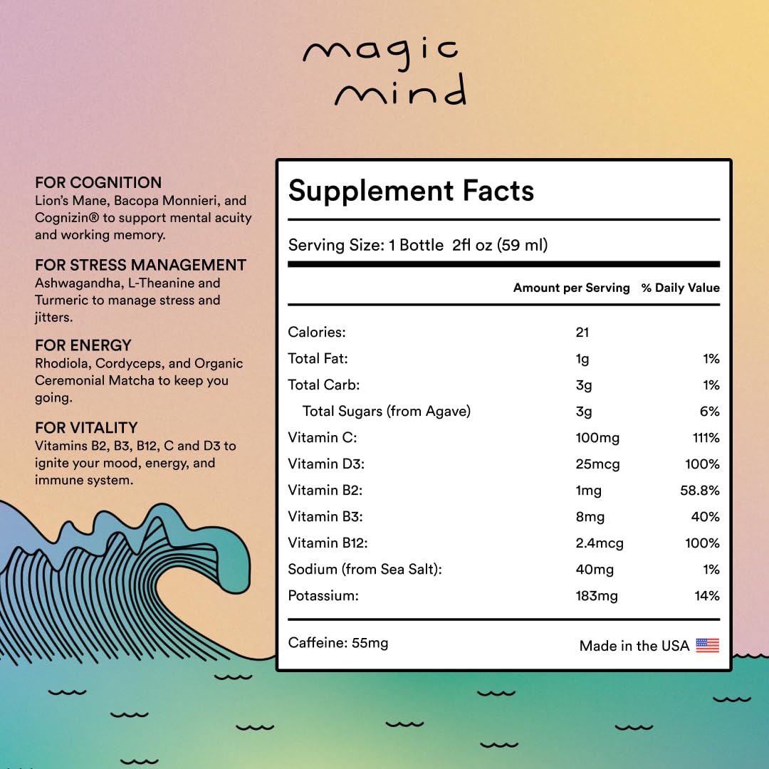 Magic Mind energy shot pouring into glass, ready for a clear-day boost