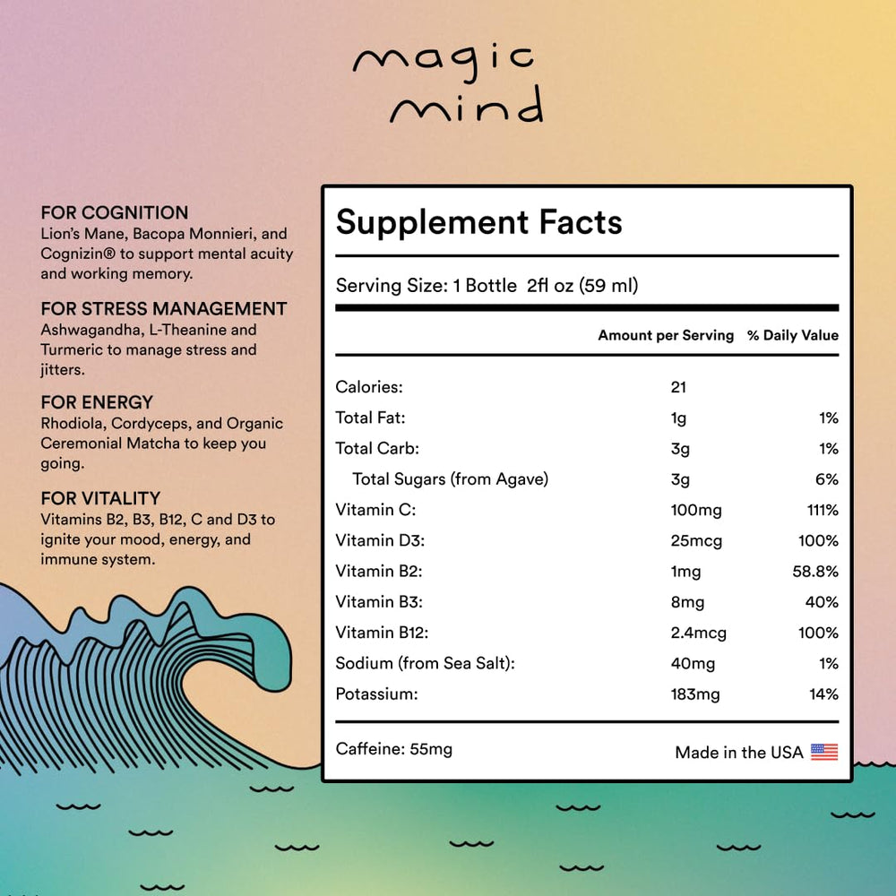 Magic Mind energy shot pouring into glass, ready for a clear-day boost