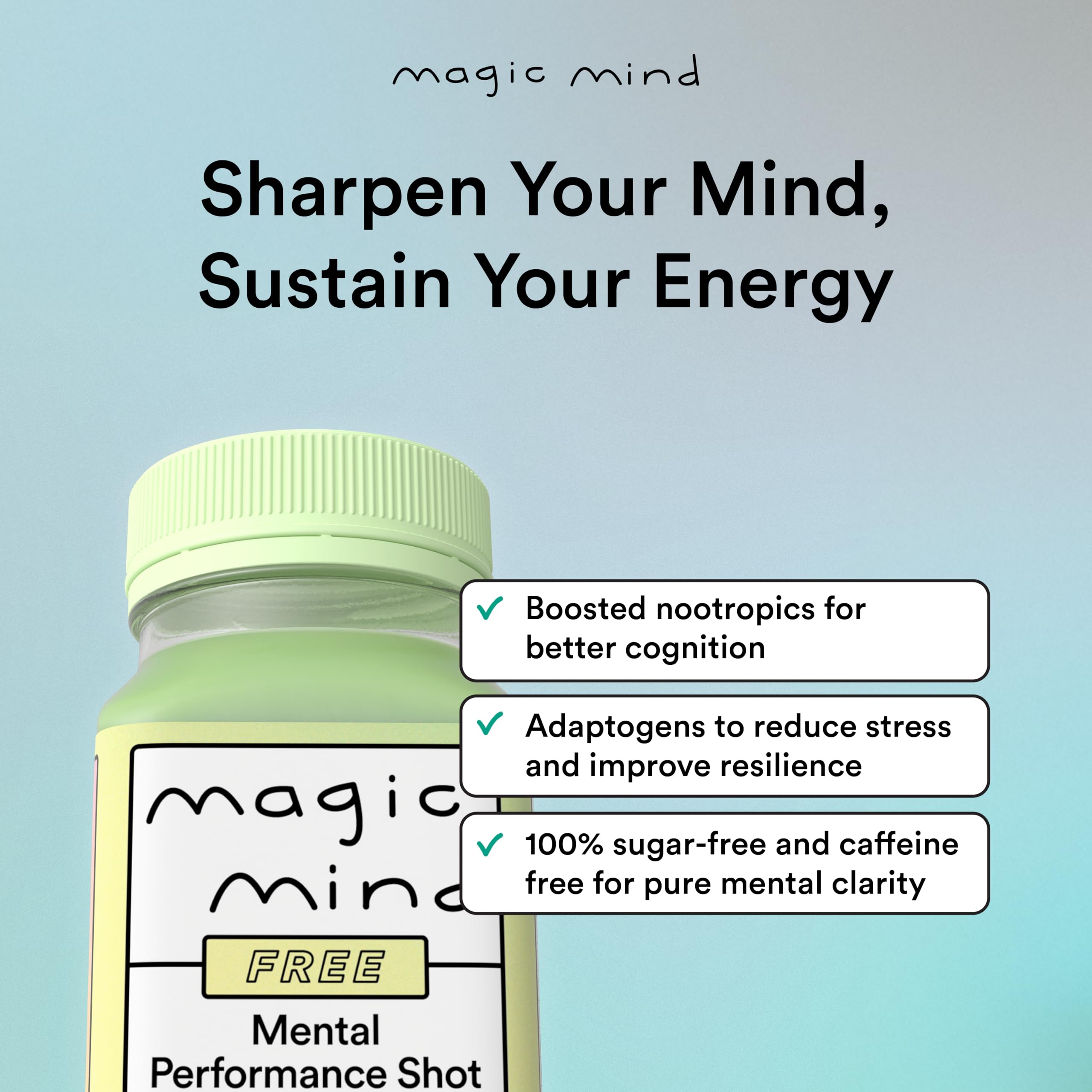 Closeup of Magic Mind label highlighting ashwagandha and matcha ingredients.