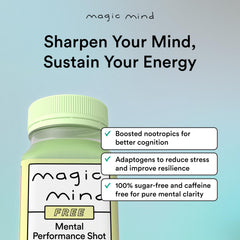 Closeup of Magic Mind label highlighting ashwagandha and matcha ingredients.